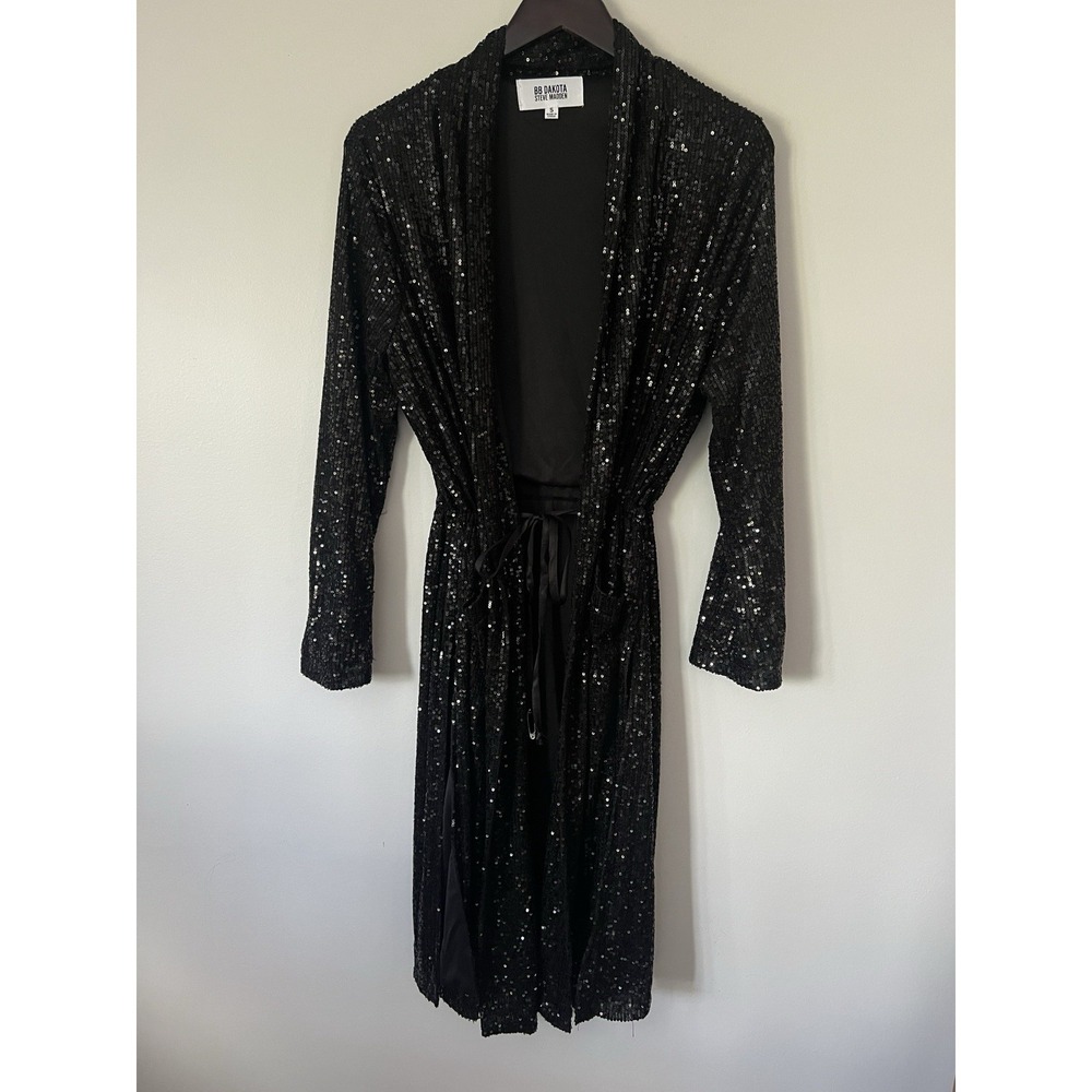 BB Dakota Black Sequin Cinchable Duster Jacket Size S Pockets EUC